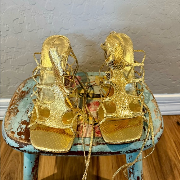 Jeffrey Campbell Le Freak Gold Metallic Tie up Sandal with Rhinestone Heel 6.5 - Picture 12 of 16
